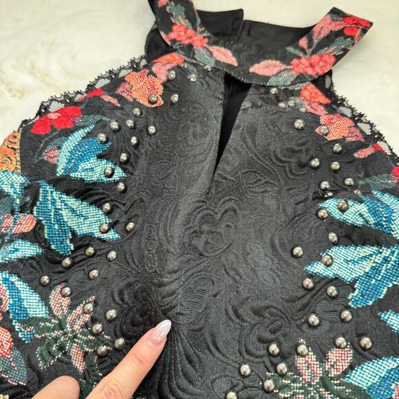 Bebe Floral Stud Peplum Halter Top XXS - Black - Picture 3 of 4